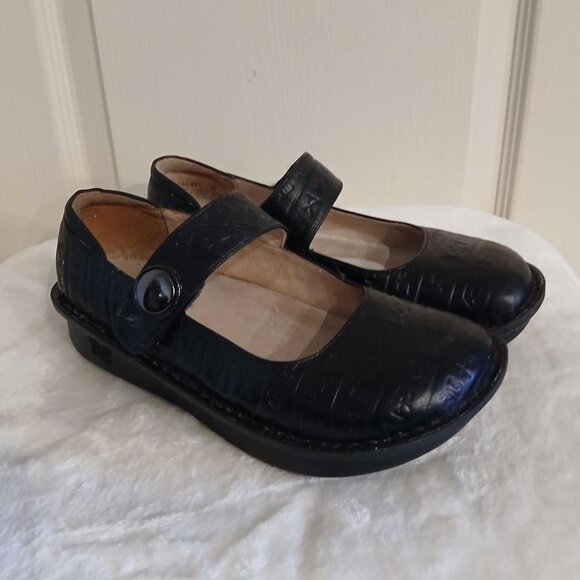 Alegria Paloma Chunky Black Leather Embossed Hieroglyph Mary Jane Clogs Sz 39 - Picture 1 of 8